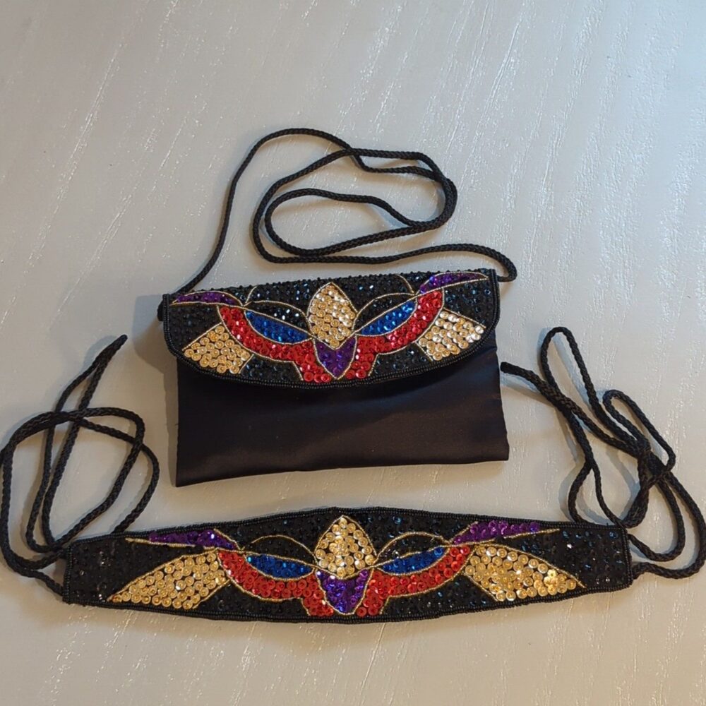Embellished Black Sequin Evening Clutch Bag with Waist Belt
